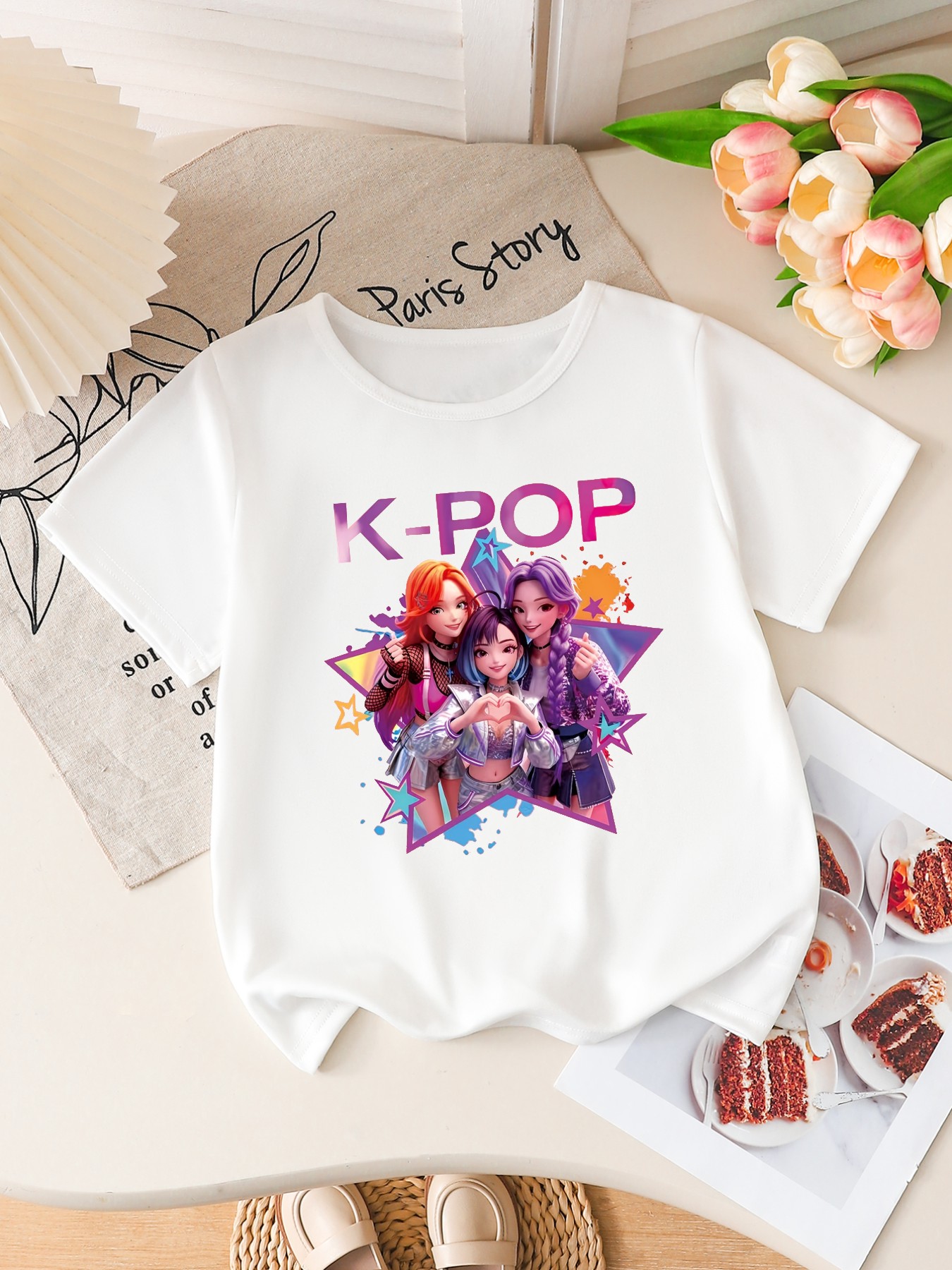 تي شيرت بناتي بأكمام قصيرة مطبوع عليه رسومات كرتونية لطيفة لفرقة K-POP، قميص صيفي كاجوال للأطفال