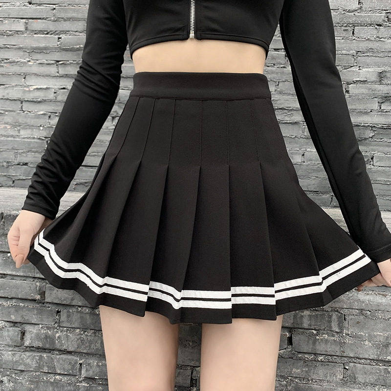 تنورة كلاسيكية على الطراز الكوري مرقعة Harajuku JK تنانير سوداء بطيات ملابس الشارع القوطية تنورة صغيرة عالية الخصر تنورة نسائية فاسق