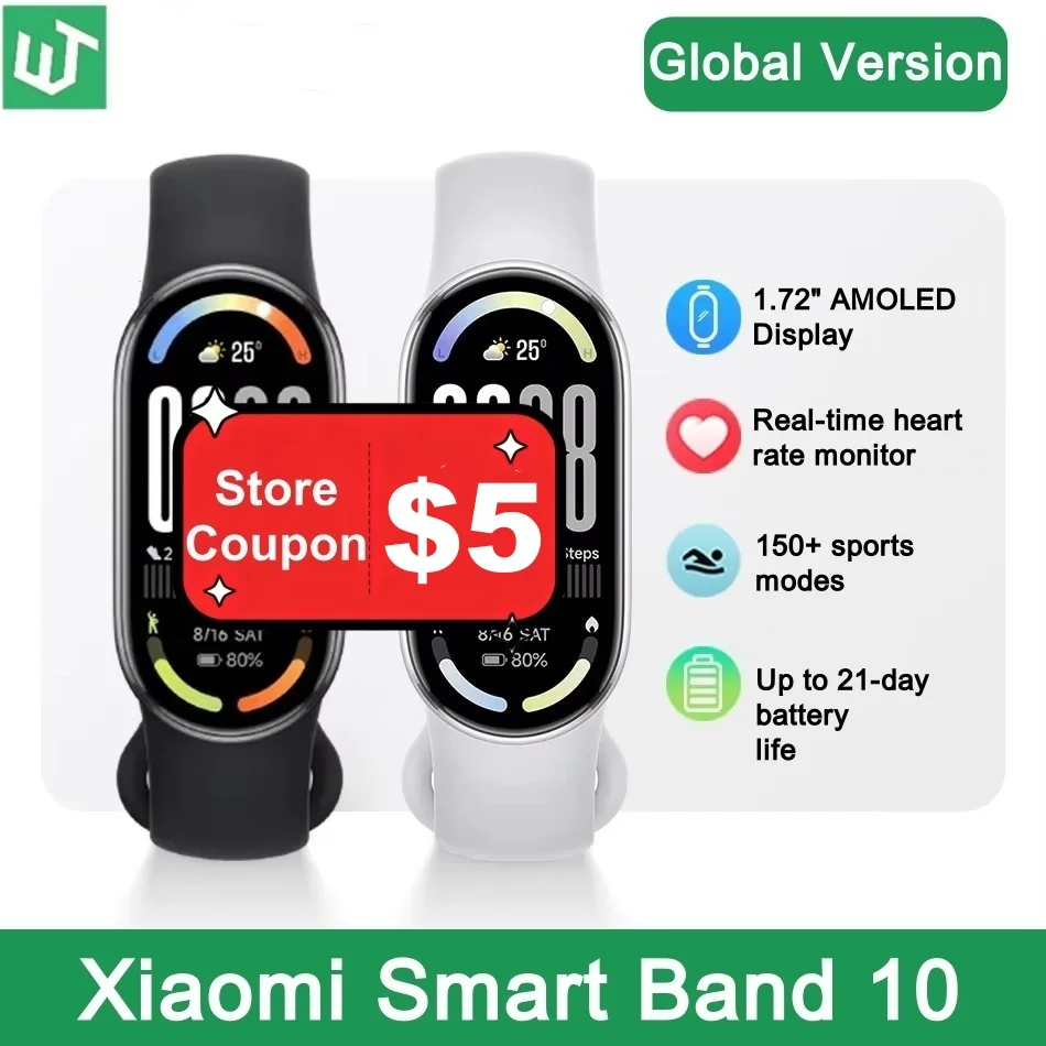Xiaomi Mi Smart Band 10 الإصدار العالمي 1.72 "AMOLED مراقبة الصحة 21 يومًا بطارية 5ATM مقاوم للماء Smartwatch سوار رياضي