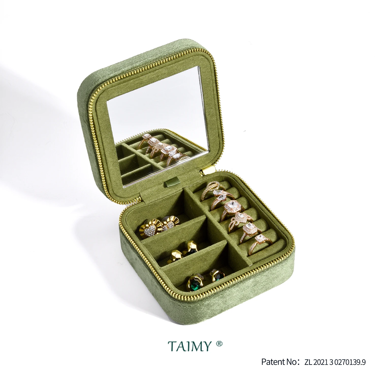 صندوق حلقي لتخزين مجوهرات السفر المخملي العتيق من TAIMY مع منظم مرآة يدعم شعار صندوق مجوهرات أخضر كلاسيكي مخصص