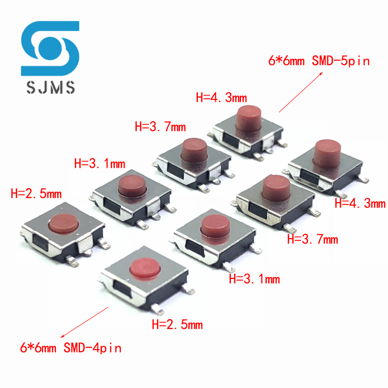 20/100 قطعة/الوحدة 6*6*2.5 / 3.1 / 3.7 / 4.3 ملليمتر SMD التبديل 4 / 5 دبوس أقدام اللمس التبديل الجزئي دفع زر مفاتيح الأحمر 6X6 اللباقة التبديل