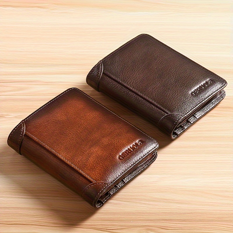 محفظة GERUOLA Slim RFID محمية من الجلد الطبيعي للرجال - حامل بطاقات الهوية والائتمان متعدد الوظائف بني داكن مع زخارف