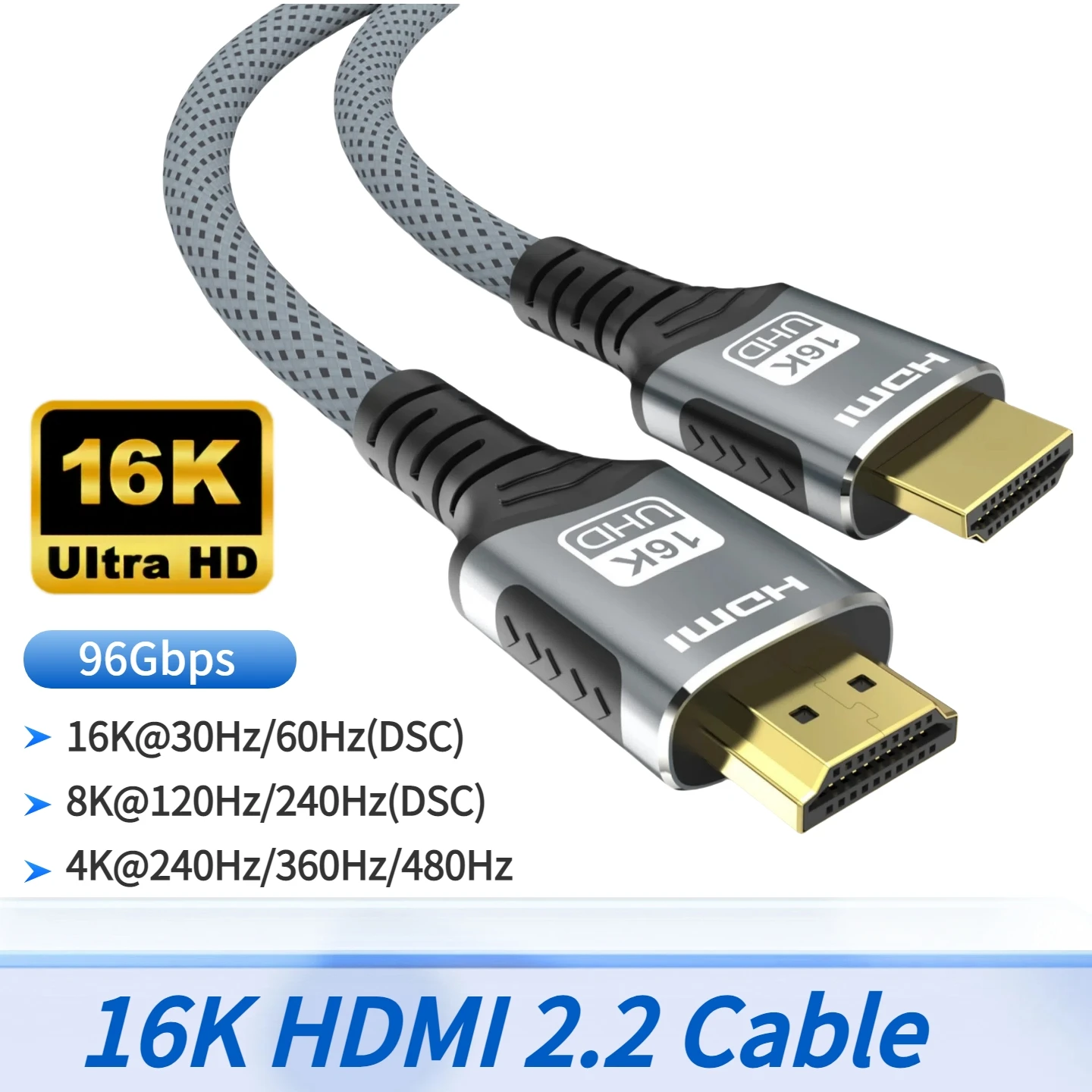 كابل HDMI 2.2 بدقة 16K وسرعة 96 جيجابت في الثانية، يدعم 8K@120Hz و4K@240Hz و2K@360Hz، يدعم HDMI 2.1 EARC وHDR10+ لأجهزة PS5/PS6 والكمبيوتر المحمول والألعاب/المسرح المنزلي