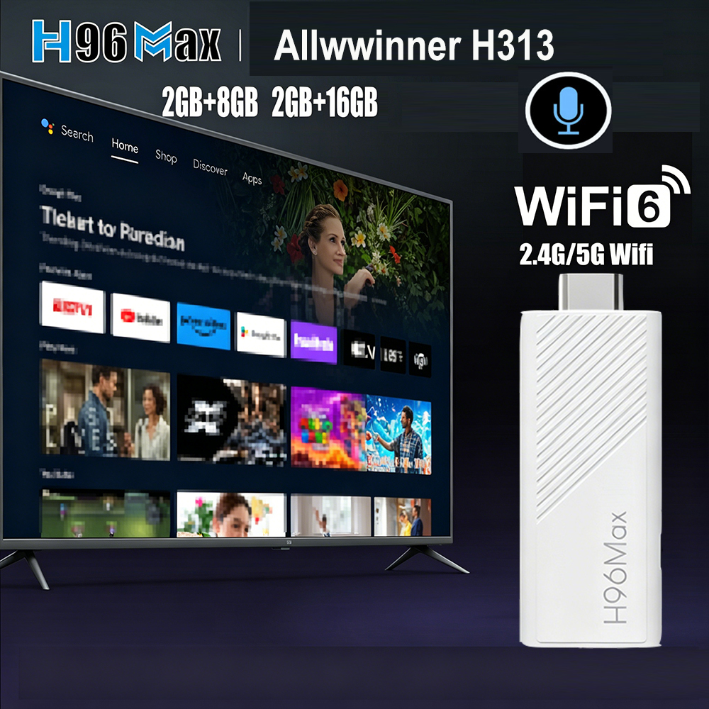 H96 MAX Android TV Stick Allwinner H313 مع 2.4G Wifi 5G Wifi6 Dual Brand 8GB 16GB 4K 3D HDR Goole Voice Remote DC 5V 2A
