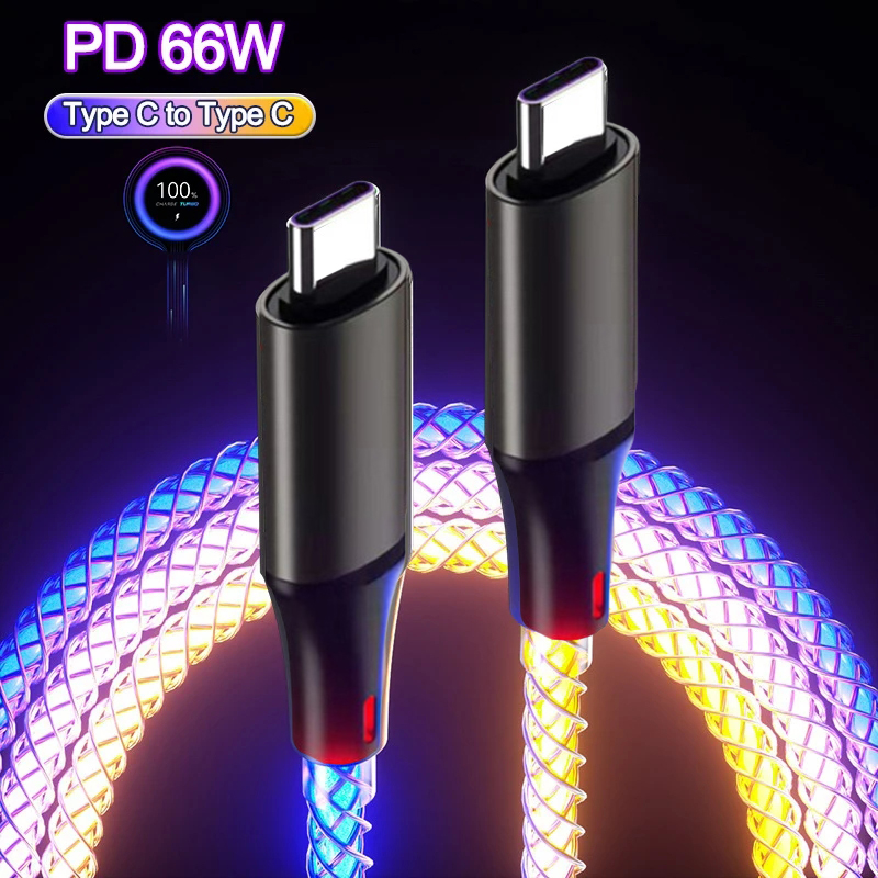 6A شحن سريع RGB التنفس مضيئة التدرج ضوء كابل بيانات 66 واط TYPE-C شاحن آيفون 15 برو هواوي سامسونج كابل بيانات