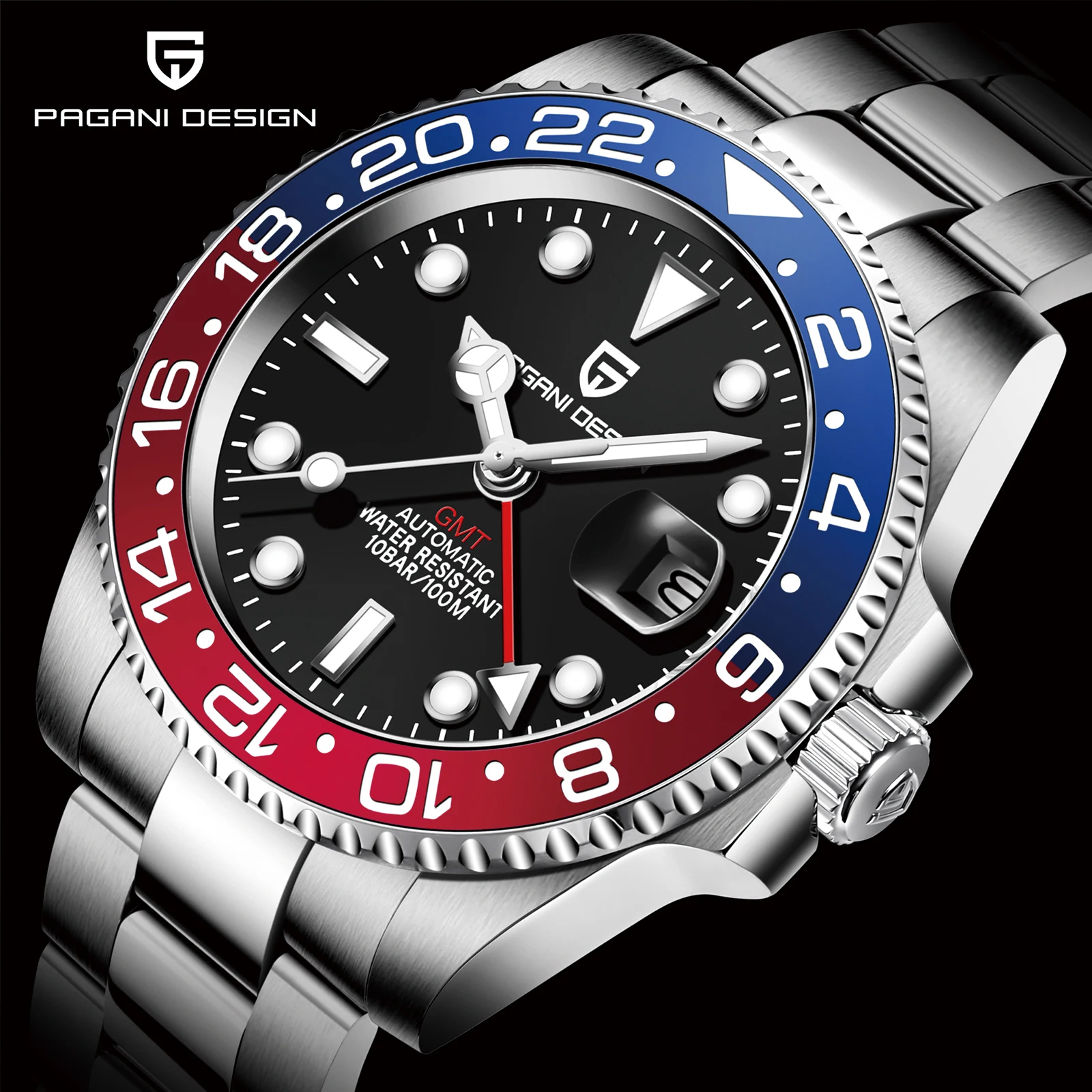 ساعة رجالية ميكانيكية فاخرة جديدة 2026 من PAGANI DESIGN، ساعة GMT من الفولاذ المقاوم للصدأ، ماركة رائدة، زجاج ياقوتي، ساعة رجالية reloj hombre