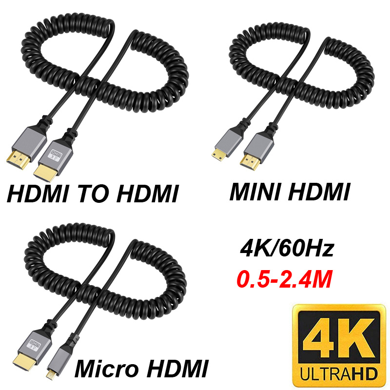 4K @ 60HZ 0.5-2.4M متوافق مع HDMI إلى HDMI/MINI HDMI/مايكرو HDMI/ملفوف تمديد كابل حلزوني مرن ذكر إلى كابل توصيل ذكر