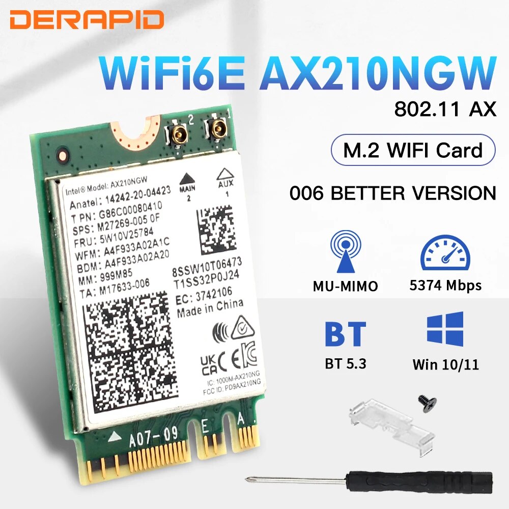 WiFi 6E AX210NGW NGFF محول لاسلكي بلوتوث 5.3 WiFi6 5374Mbps 2.4G/5G/6 جيجا هرتز 802.11AX لسطح المكتب/الكمبيوتر المحمول لـ Win10/11