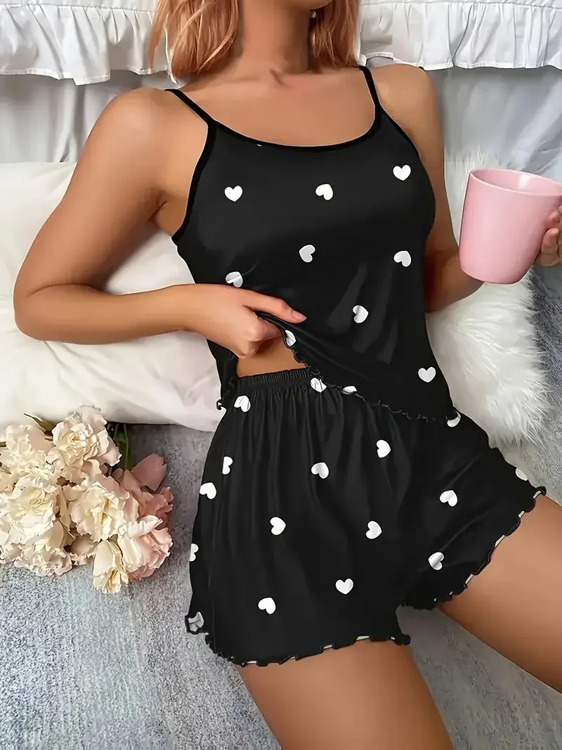 5 مقاسات اختر S M L XL 2XLWomen قطعتين الحمالات القلب قميص مطبوع والسراويل النسائية طقم بيجامة مطبوعة عادية
