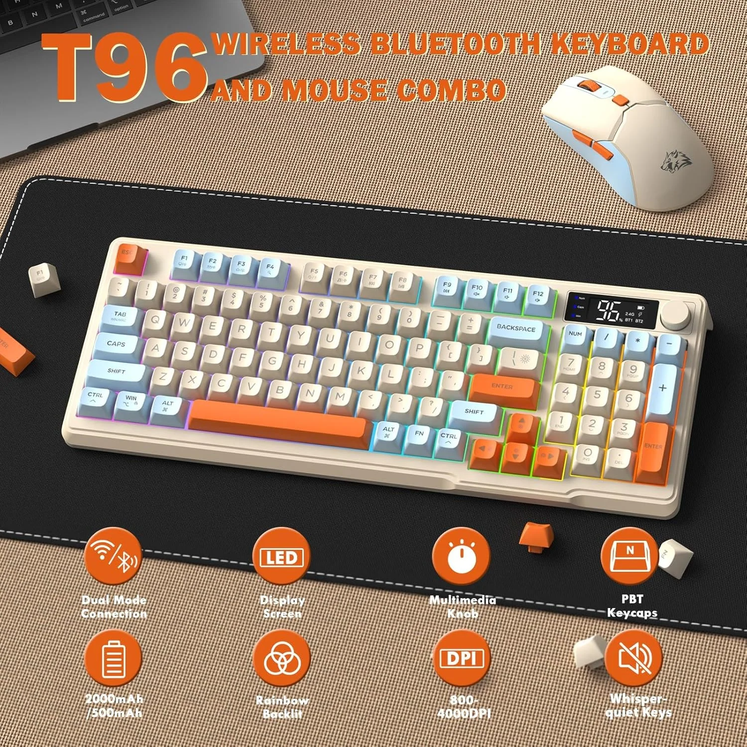 مجموعة لوحة مفاتيح وماوس لاسلكية للألعاب ZIYOU LANG T96، BT/2.4G RGB بإضاءة خلفية مع شاشة ذكية ومقبض، ماوس ألعاب 4000 نقطة في البوصة