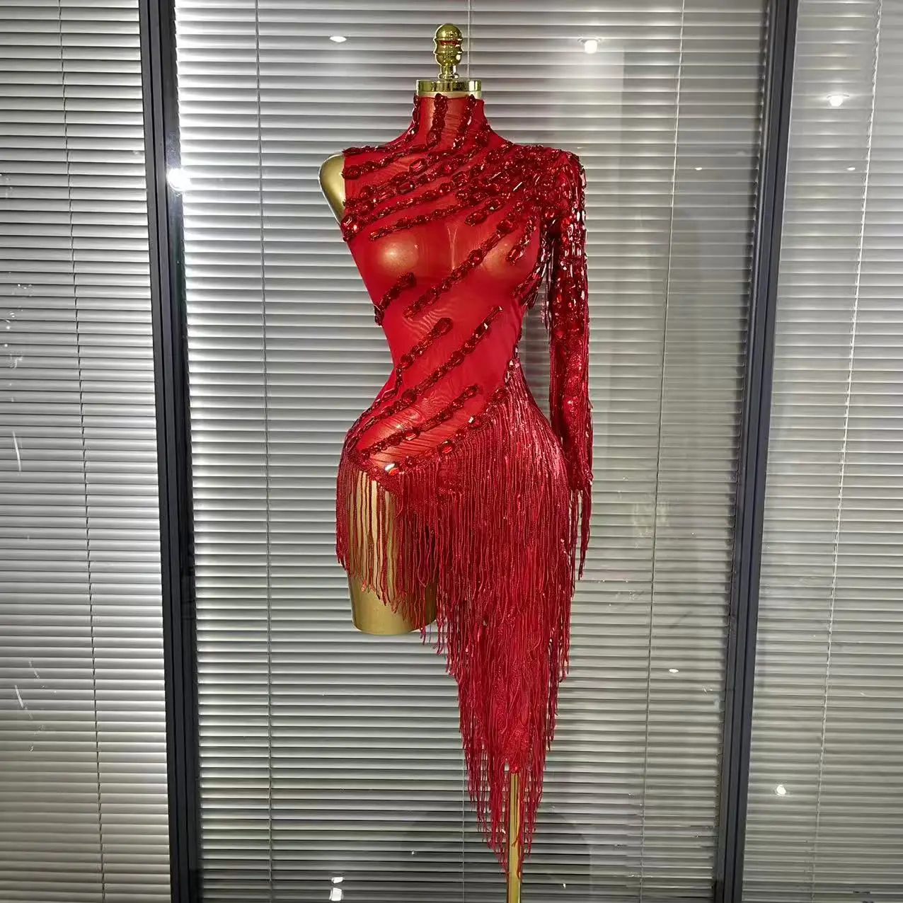 أسود أحمر المرأة مثير واحد الكتف التسلق كريستال الترتر شرابات Bodycon منتصف العجل فستان ملهى ليلي حفلة بار راقصة ازياء
