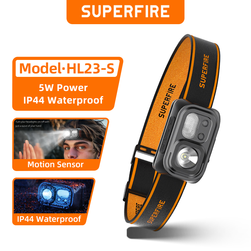 مصباح رأس LED قوي SUPERFIRE HL23 مع استشعار الحركة، قابل لإعادة الشحن عبر USB-C، مصباح يدوي صغير للتخييم والعمل