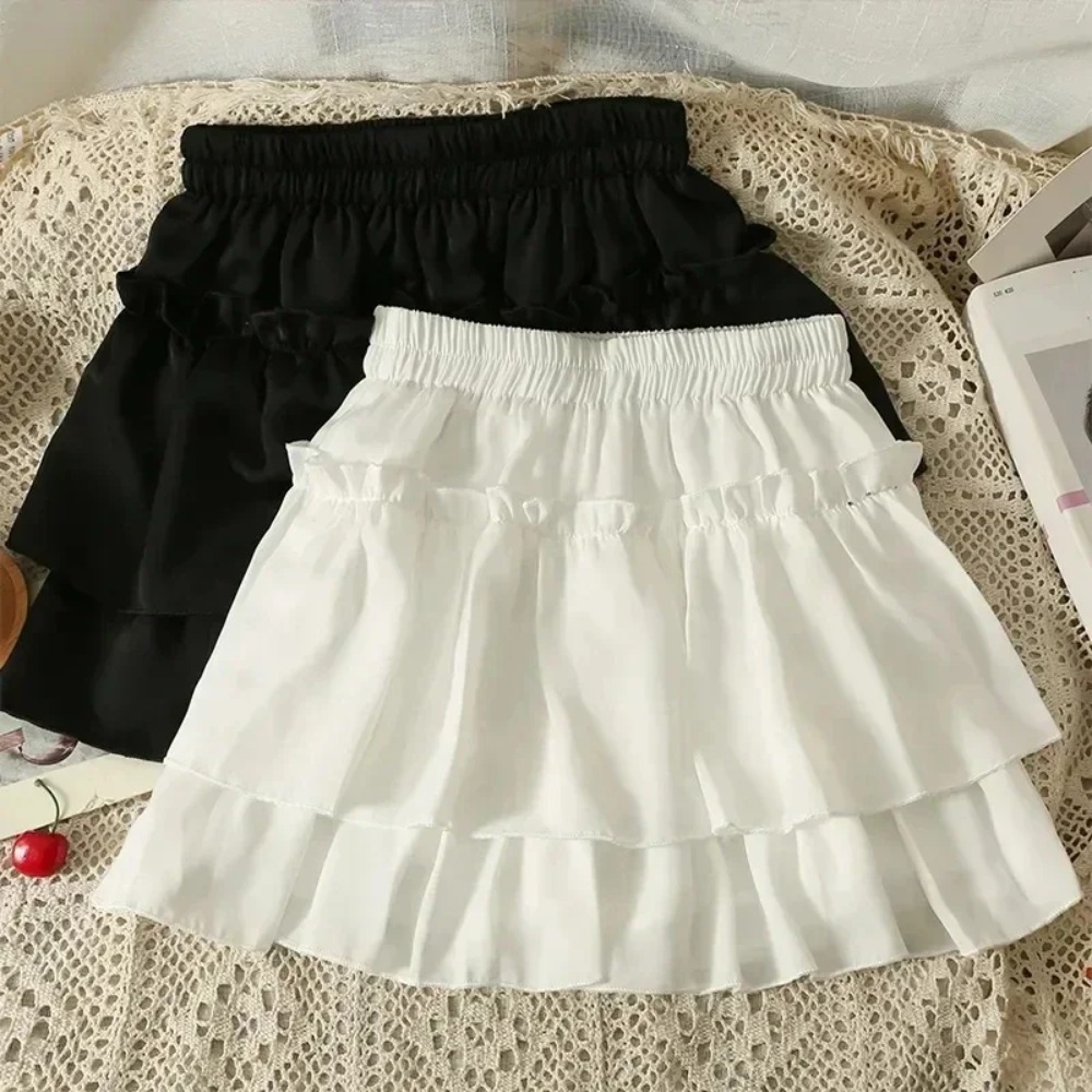 تنورة صيفية على شكل حرف a بطيات كاواي للنساء فستان هاراجوكو كوري ضيق ذو طبقات بيضاء مكشكشة وخصر مطاطي صيفي
