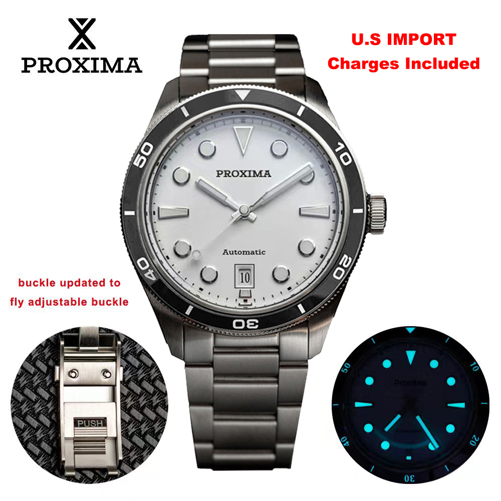 Proxima PX1697 39 مللي متر ساعة رجالية بيضاء المينا الهاتفي فقاعة الياقوت PT5000 SW200 التلقائي الميكانيكية خمر الساعات 20Bar مضيئة