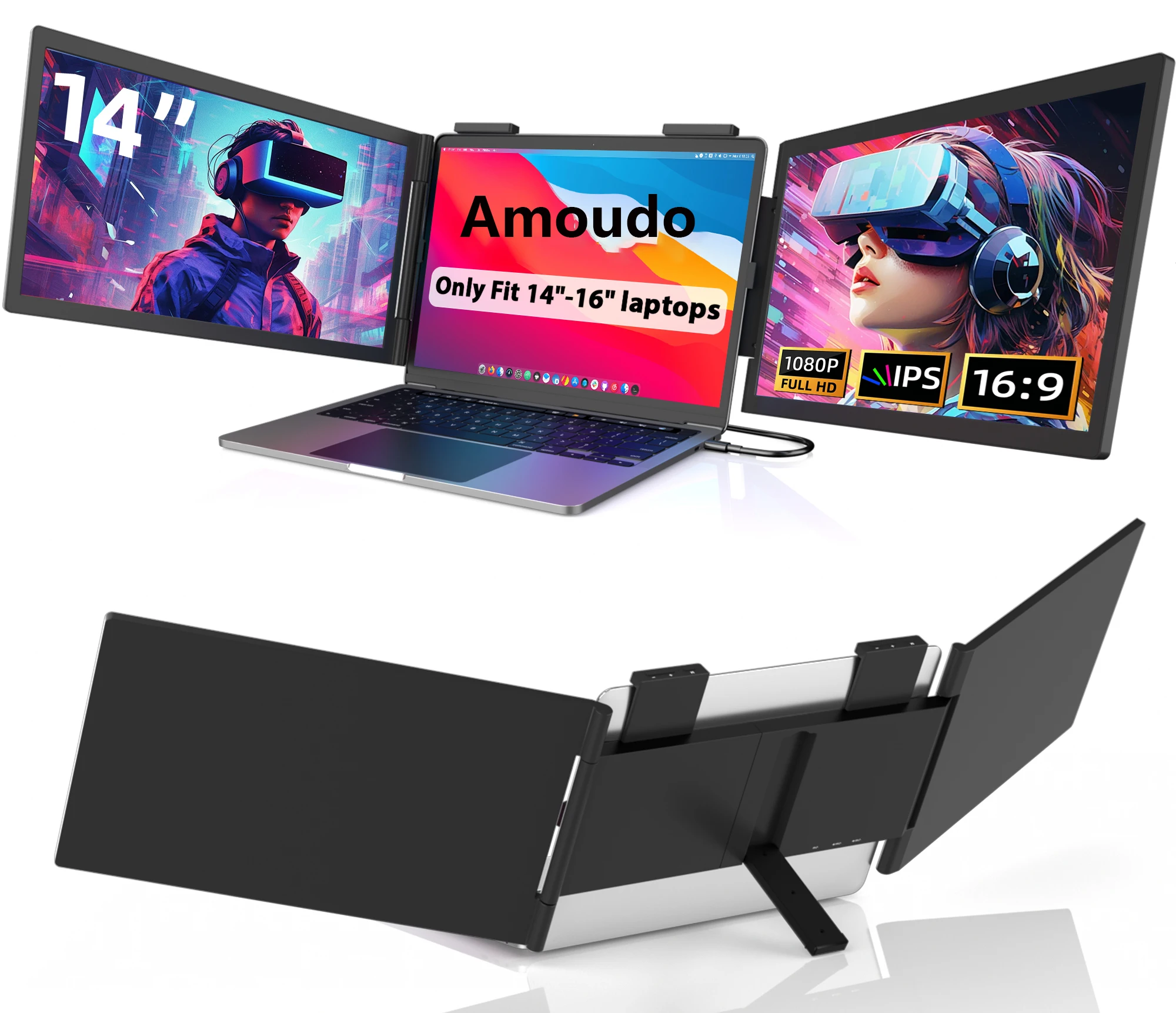 شاشة محمولة مزدوجة Amoudo مقاس 14 بوصة بدقة 1920*1080 بكسل IPS، شاشة محمولة ثلاثية مع منفذ USB-C للحواسيب المحمولة من 14 إلى 16.5 بوصة، ويندوز/ماك إكس بوكس