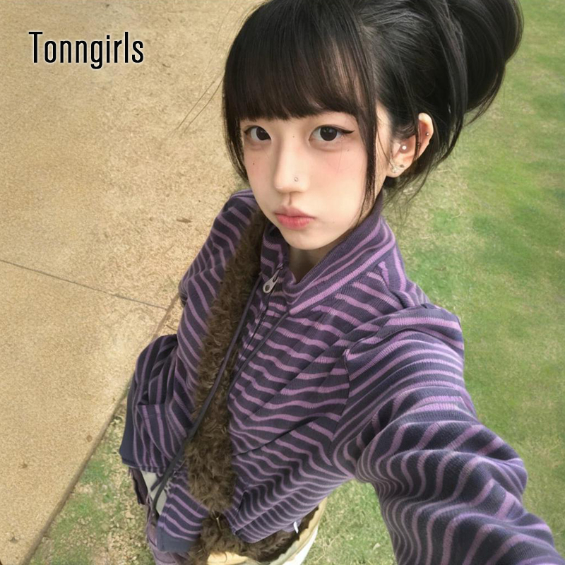 Tonngirls Y2k بلوزات يابانية نسائية كم طويل مخطط الوقوف طوق البلوز شارع العليا الجرافيك معاطف الشتاء E-الفتيات