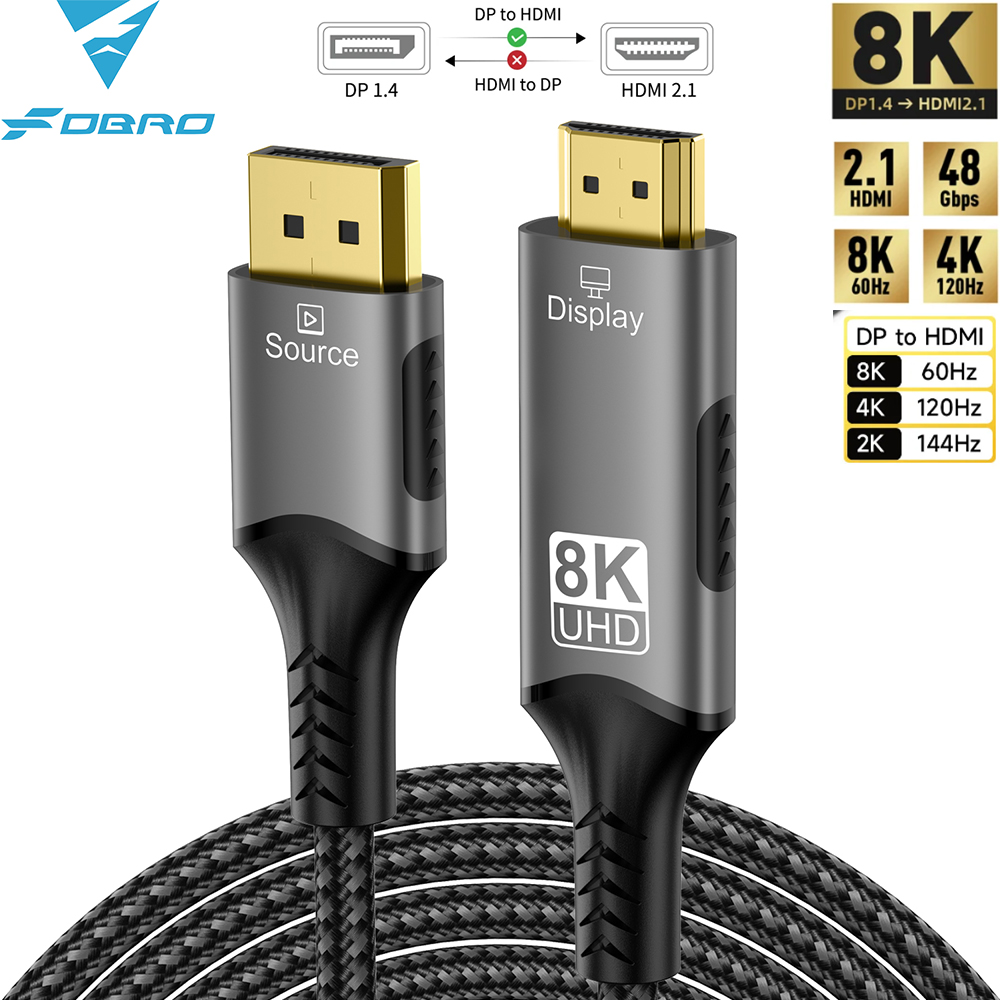 كابل DisplayPort إلى HDMI متوافق DP1.4 إلى HDMI 2.1 محول 8K @ 60 هرتز 4K @ 120 هرتز HDR لأجهزة الكمبيوتر المحمول المكتبية وشاشة التلفزيون