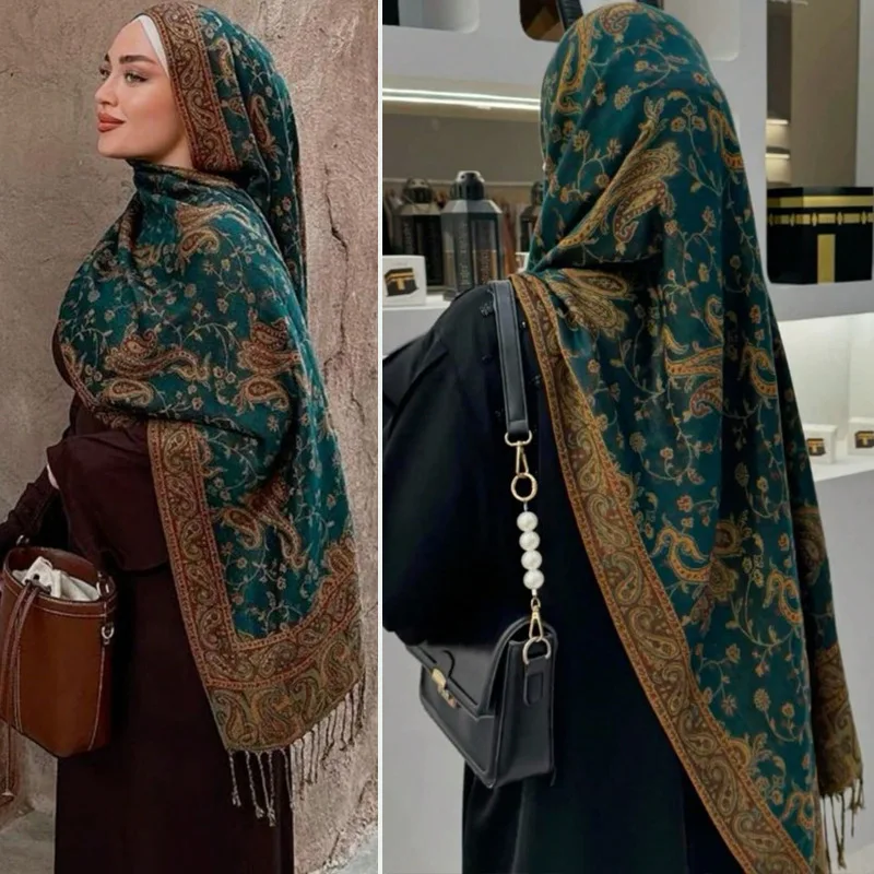 العلامة التجارية الجديدة الخريف الباشمينا شال سيدة التفاف الحجاب شتاء دافئ الأوشحة الإسلامية تصميم طباعة الإناث فولارد القطن الشالات وشاح