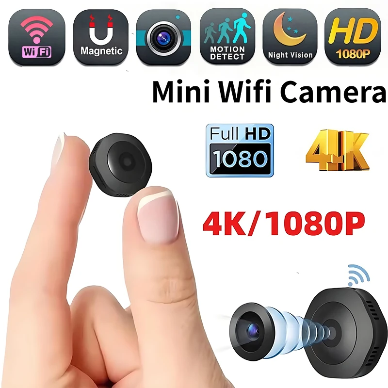 كاميرا لاسلكية صغيرة بدقة 4K و1080p عالية الوضوح، كاميرا محمولة غير مرئية للرؤية الليلية، مسجل فيديو وصوت مع مراقبة عن بعد عبر الواي فاي