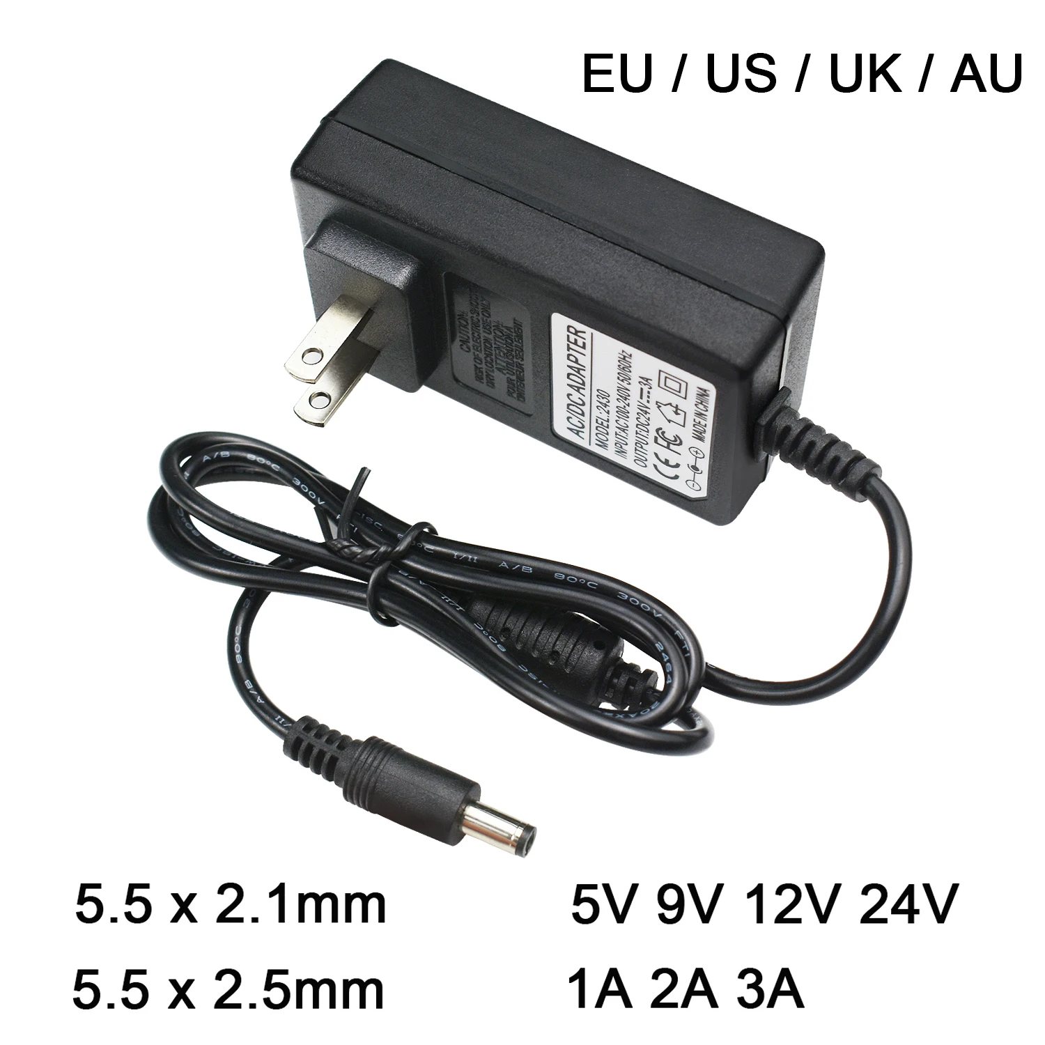 AC110-240V إلى تيار مستمر 5 فولت 9 فولت 12 فولت 24 فولت 1A 2A 3A مهايئ الطاقة العالمي 5.5*2.1/2.5 مللي متر الاتحاد الأوروبي الولايات المتحدة الاتحاد الأفريقي المملكة المتحدة شاحن العرض للتلفزيون LED قطاع الضوء