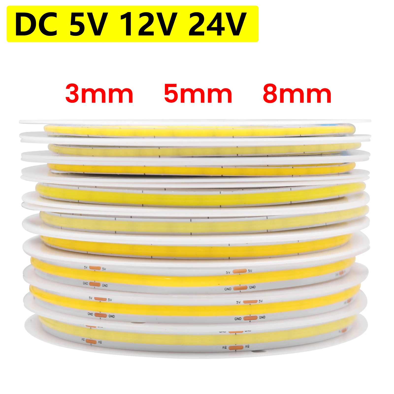 تيار مستمر 5 فولت 12 فولت 24 فولت COB LED قطاع 320 384 480 528 المصابيح/م عالية الكثافة مرنة COB LED الشريط ضوء بار 3 مللي متر 5 مللي متر 8 مللي متر PCB الخطي ضوء