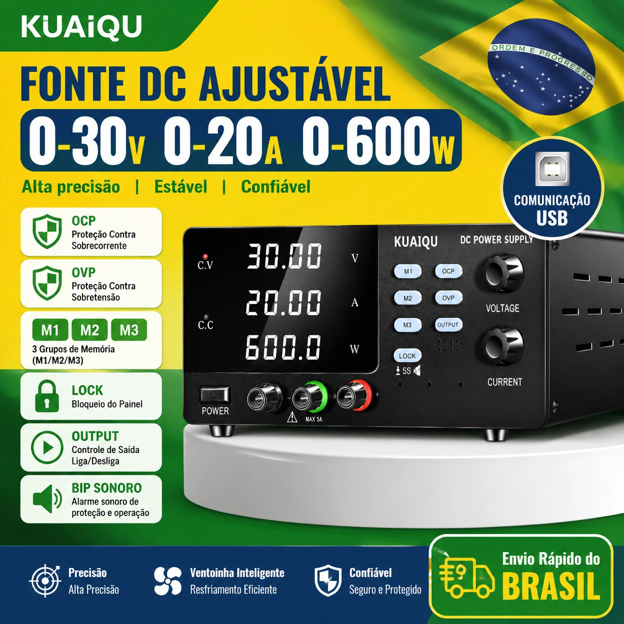 KUAIQU مزود طاقة تيار مستمر للمختبرات 0-30V 0-20A 0-600W، مزود بحماية من تيار الزائد/جهد الزائد، مثبت جهد، برنامج USB، وظائف ذاكرة/قفل/إخراج/صفارة، للإصلاح