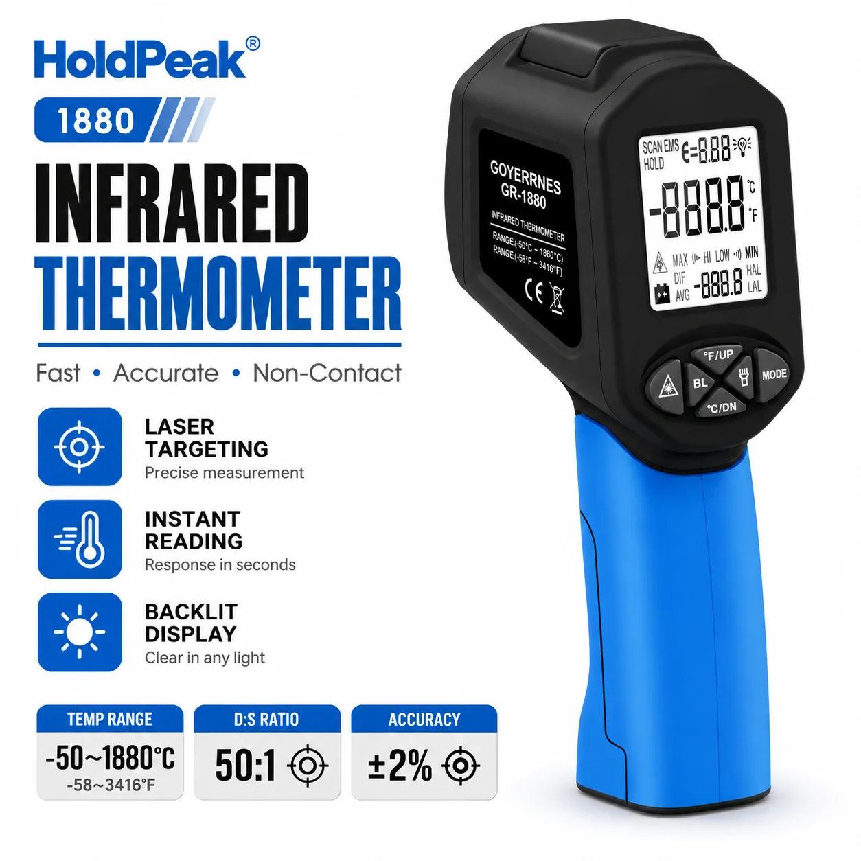 مقياس الحرارة بالأشعة تحت الحمراء 50:1، مسدس قياس الحرارة بالليزر -58 ℉ ~3416 ℉   لشواية الطهي والشواء، مسدس حراري صناعي، جهاز اختبار الأشعة تحت الحمراء