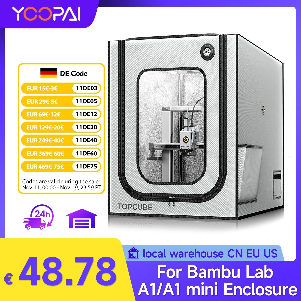 غلاف طابعة ثلاثية الأبعاد YOOPAI للطابعة Bambu Lab A1/A1 Mini غلاف منزل الطابعة مع ضوء LED درجة حرارة ثابتة مقاوم للحريق كبير