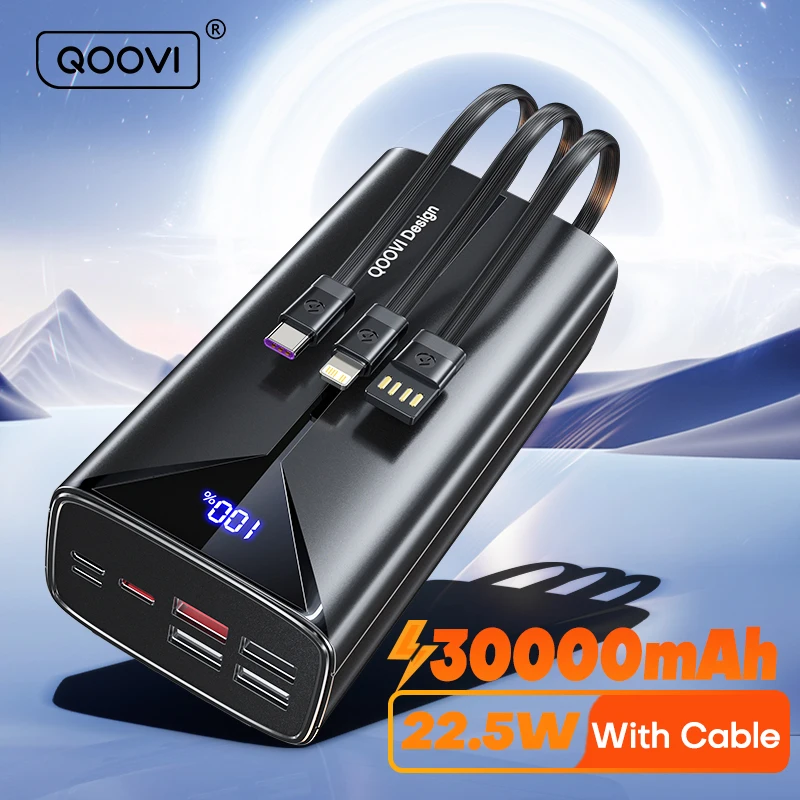 QOOVI 30000mah قوة البنك 22.5 واط شحن سريع المدمج في كابل خارجي بطارية كبيرة شاحن محمول آيفون سامسونج Xiaomi