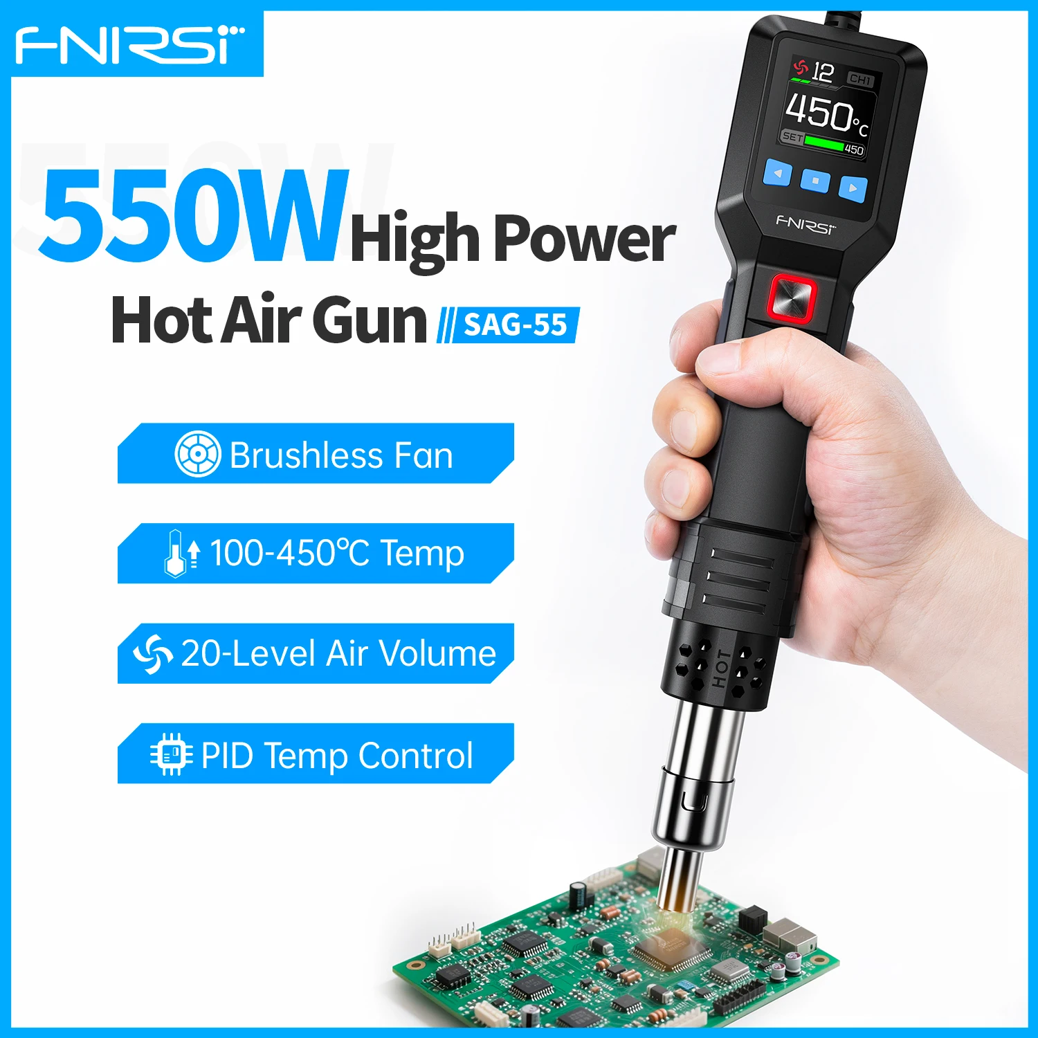 FNIRSI SAG-55 550 واط مسدس هواء ساخن مع حامل إعادة العمل LCD مجفف الشعر الرقمي قابل للتعديل درجة الحرارة الحرارة بندقية لأدوات إصلاح الهاتف