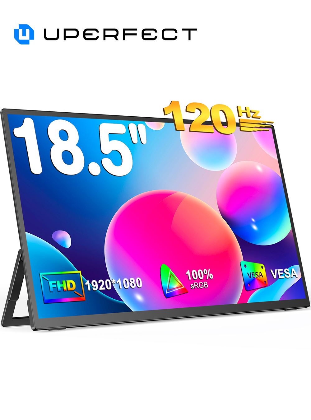 شاشة UPERFECT مقاس 18.5 بوصة 120 هرتز FHD HDR IPS شاشة عرض ألعاب الكمبيوتر المحمول HDMI USB C شاشة خارجية مع مكبرات صوت مزدوجة VESA