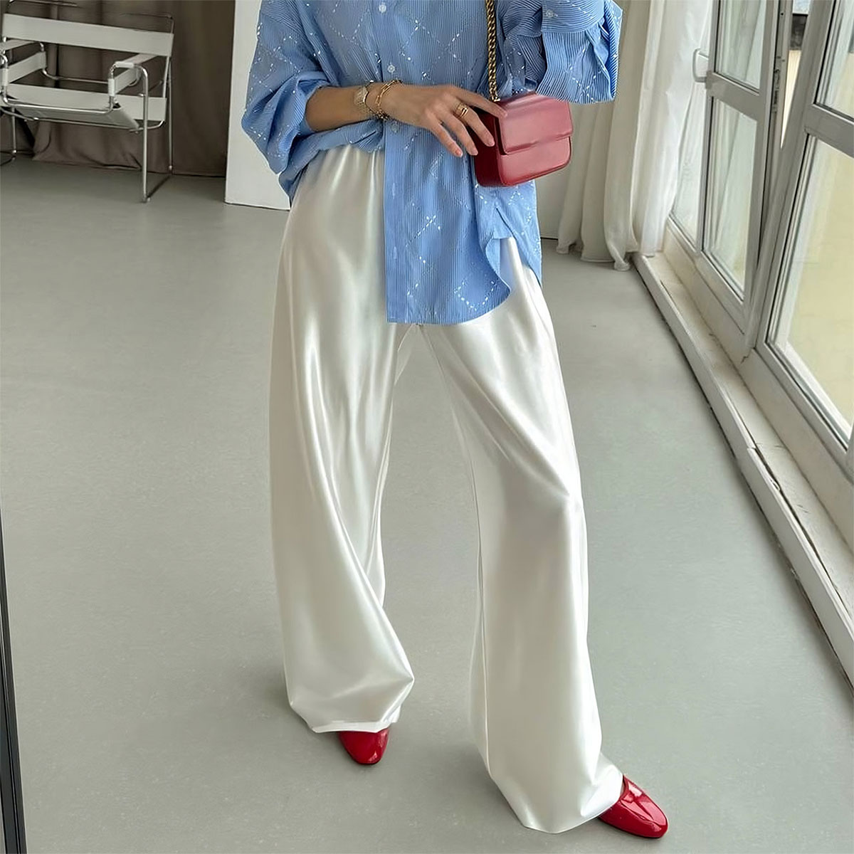 الساتان واسعة الساق السراويل الطابق طويل Pants غير رسمية المرأة الصيف