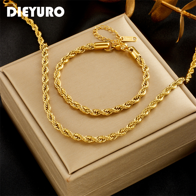DIEYURO 316L الفولاذ المقاوم للصدأ الذهب اللون سلسلة قلادة أساور للنساء فتاة الموضة غير يتلاشى سيدة طقم مجوهرات اكسسوارات
