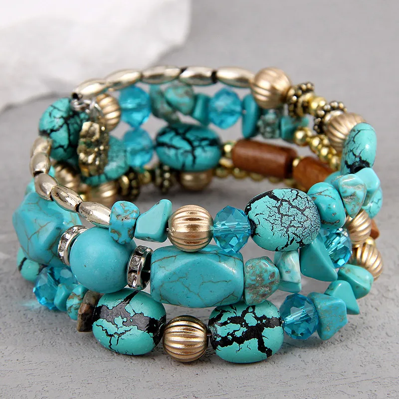 موضة بوهيميا نمط العرقية الفيروز اللون متعدد الطبقات أساور للنساء BIjoux خمر اليدوية سوار مُزين بالخرز مجوهرات هدية