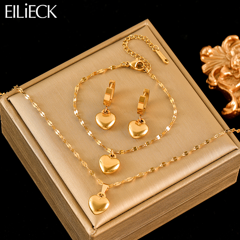 EILIECK 316L الفولاذ المقاوم للصدأ القلب الحب قلادة أساور طقم من الحلقان للنساء جديد عصري 18K مطلية بالذهب مجوهرات مقاومة للماء