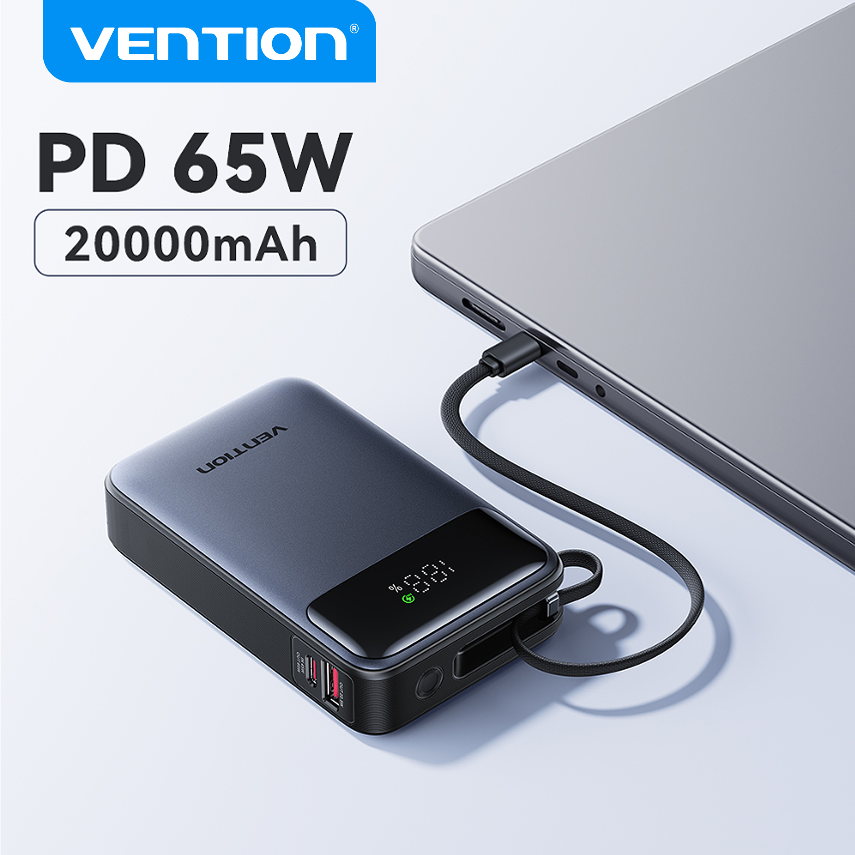 بنك طاقة فينتيون 65 واط بسعة 20000 مللي أمبير مع كابل USB-C مدمج، شاحن محمول سريع PD للابتوب والآيفون 17 وسامسونج S25 وS24