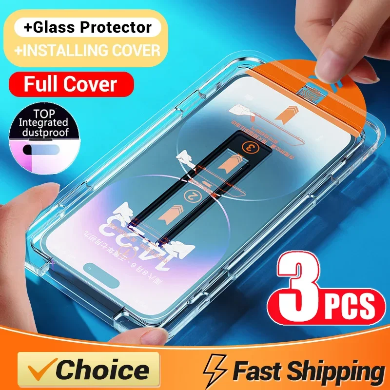 واقي شاشة سهل التركيب وخالي من الغبار مع طلاء Oleophobic لهاتف iPhone 14 11 13 12 15 Pro Max Mini XS X XR 17 16 Plus Glass