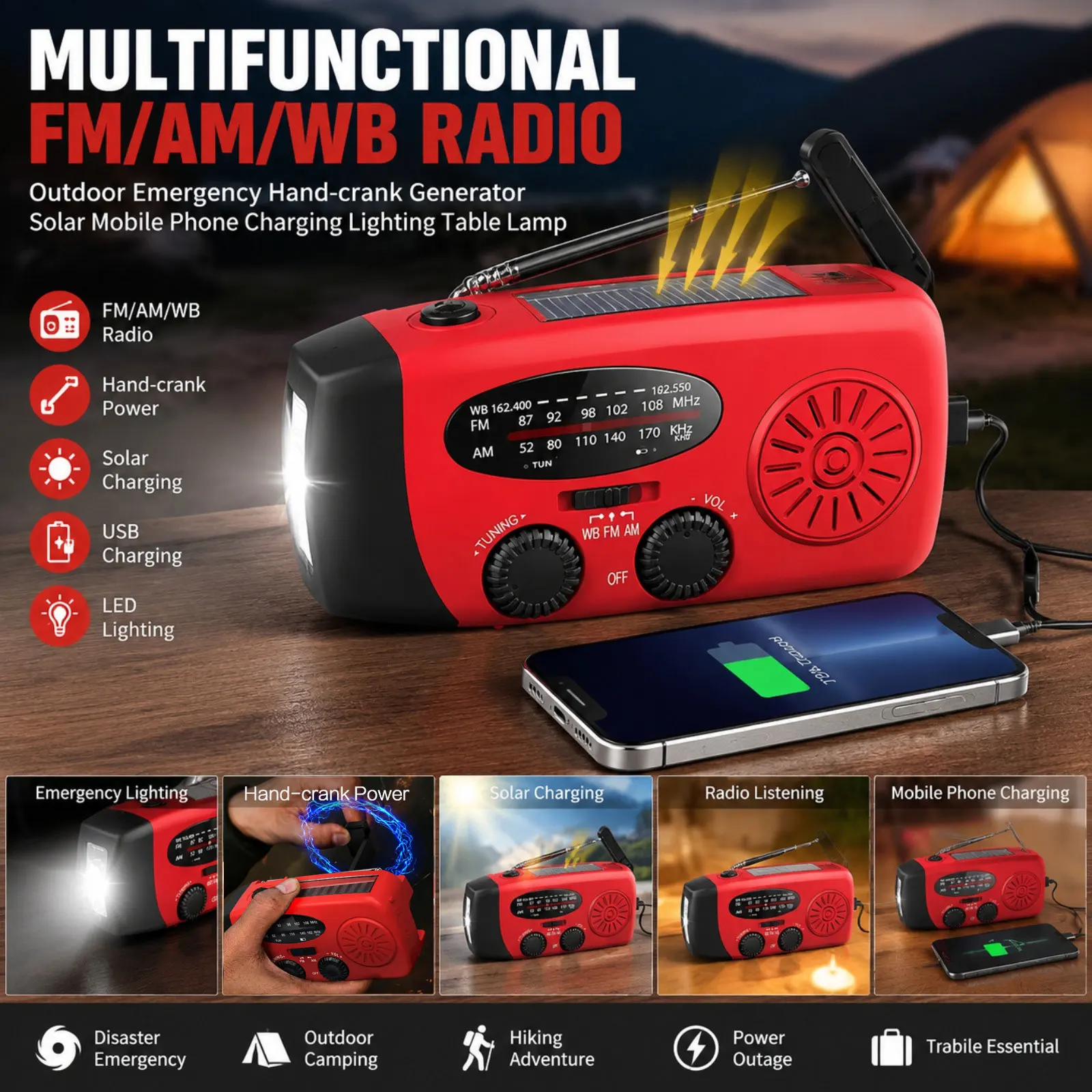 راديو STONEGO متعدد الوظائف FM/AM/WB للاستخدام الخارجي في حالات الطوارئ مع مولد يدوي وشاحن هاتف محمول يعمل بالطاقة الشمسية ومصباح طاولة للإضاءة
