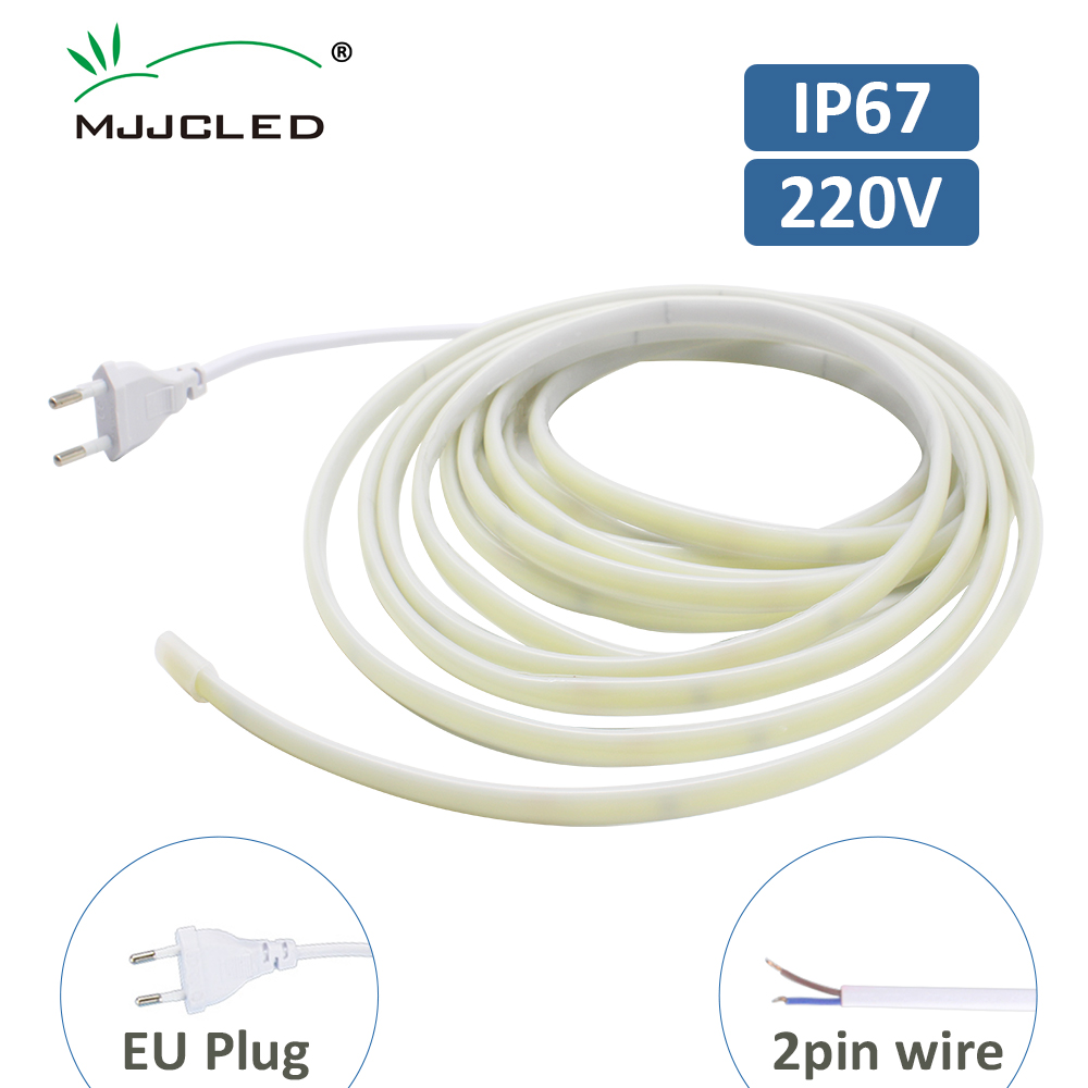 AC220V COB LED قطاع ضوء IP67 مقاوم للماء شريط مرن 2Pin سلك/الاتحاد الأوروبي التوصيل الشريط مصباح 3000K/4000K/6000K الإضاءة الخطية في الهواء الطلق