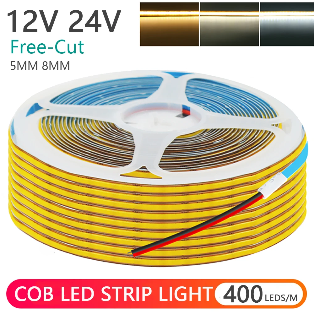 5 مللي متر 8 مللي متر PCB COB LED قطاع ضوء 12 فولت 24 فولت قطع مجانية 400 المصابيح/م عالية الكثافة شريط مرن 2PIN سلك ديكور المنزل الدافئة الطبيعية الأبيض