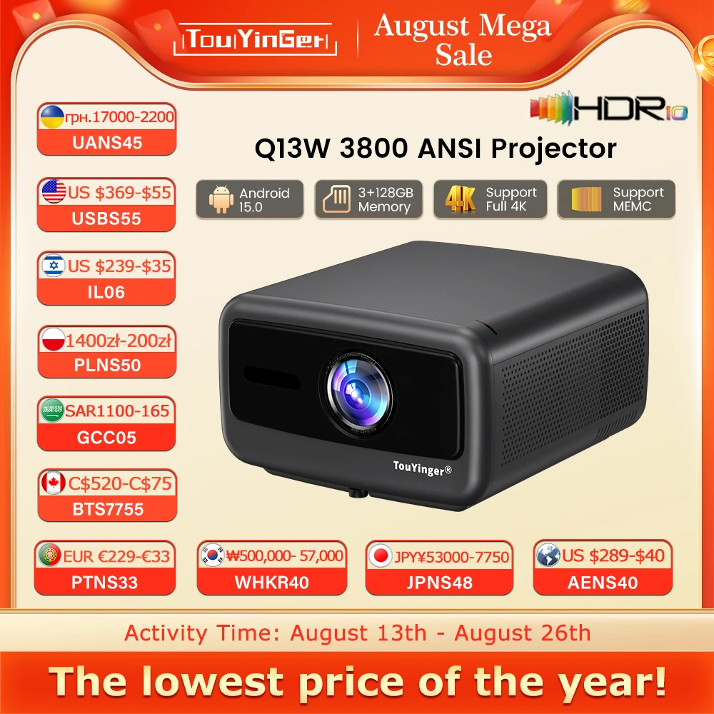 Touyinger Q13W 3800 Ansi Full HD 4K أجهزة عرض المسرح المنزلي فيديو 3G 128G تلفزيون ذكي متعاطي المخدرات للأفلام