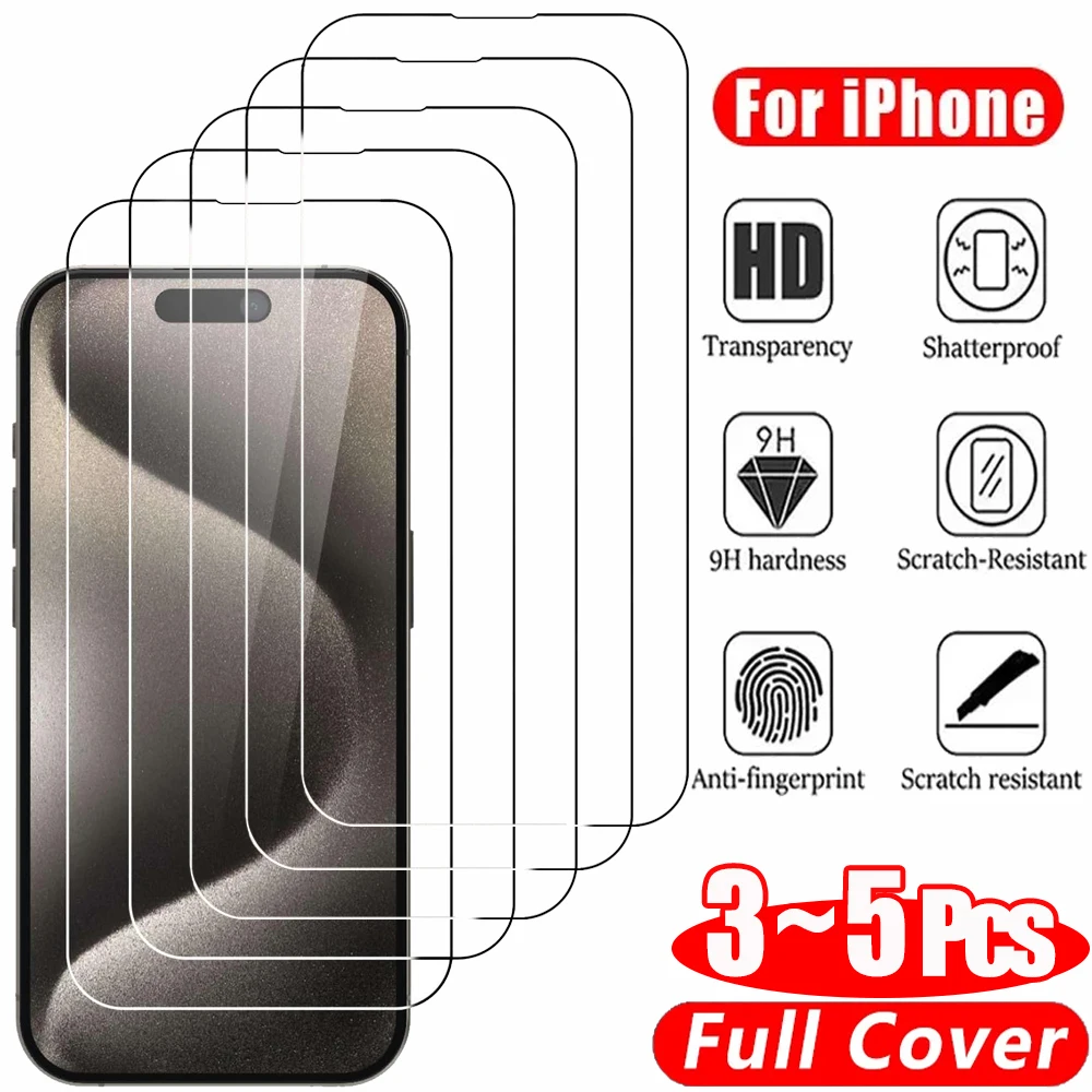 غشاء زجاجي شفاف لهاتف أيفون18  17 16 15 برو ماكس واقي شاشة لهاتف أيفون 11 12 13 14 15 بروiPhone 15 16 Pro Max زجاج مقسى iPhone13 Mini 16 Plus Glass