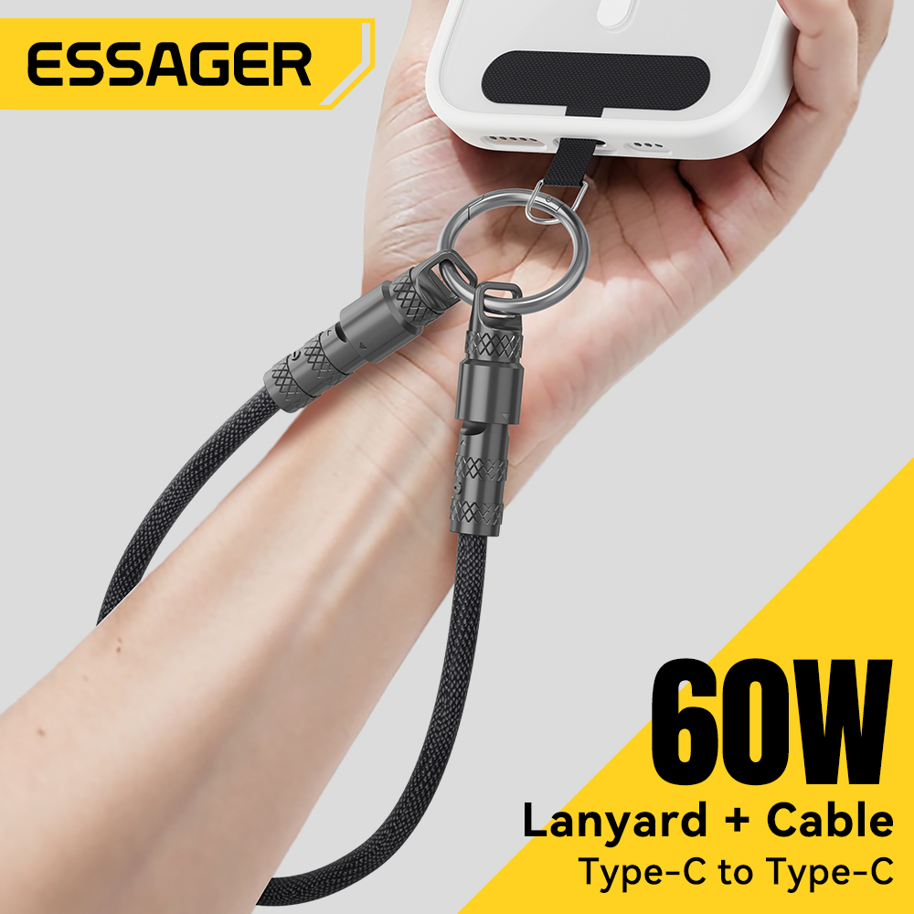 Essager 2 في 1 60 واط USB-C إلى Type-C كابل بيانات الحبل 3A PD شحن سريع لأجهزة iPhone 16 15 سامسونج هواوي أجهزة الكمبيوتر المحمولة مكافحة خسر حبل