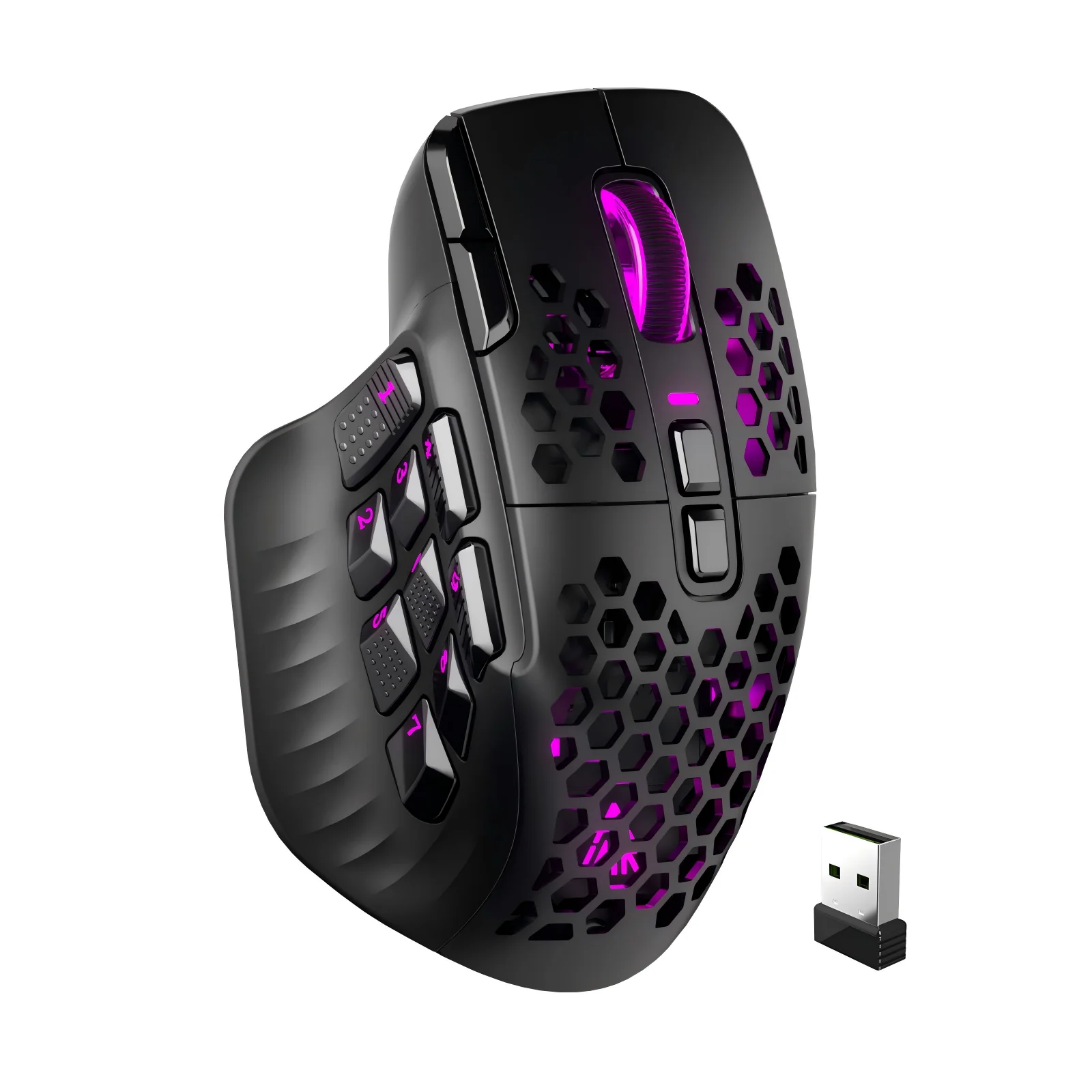 ماوس ألعاب لاسلكي SOLAKAKA SM809 Pro مع مستشعر PAW3311 و16 زر جانبي ودقة 24000 نقطة في البوصة وإضاءة RGB وتصميم خلية النحل قابل للبرمجة مع وظائف ماكرو