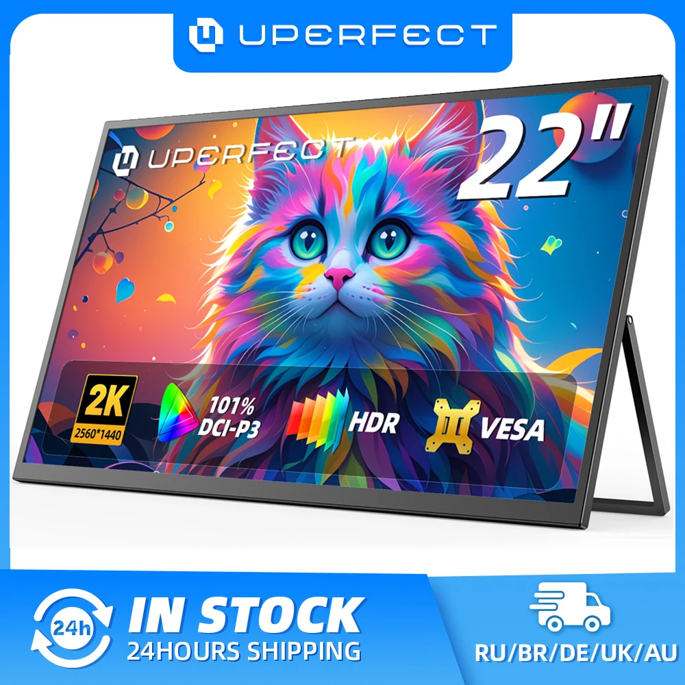 شاشة ألعاب كمبيوتر UPERFECT UMax 22 مقاس 22 بوصة بدقة 2K 1440P 100% sRGB USB-C HDMI IPS لأجهزة الكمبيوتر المحمولة MacBook Surface PC PS4/PS5 Xbox مع مكبرات صوت Kickstand