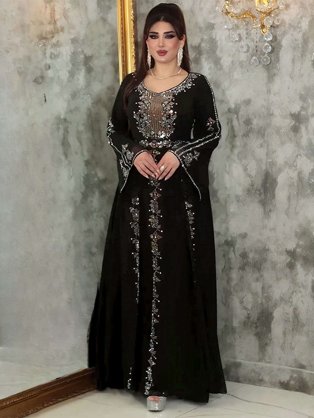 فساتين شيفون بأكمام مكشكشة أنيقة للنساء لحفلات الزفاف ثوب مسائي أفريقي Dashiki Diamond عباية ملابس دبي تركيا