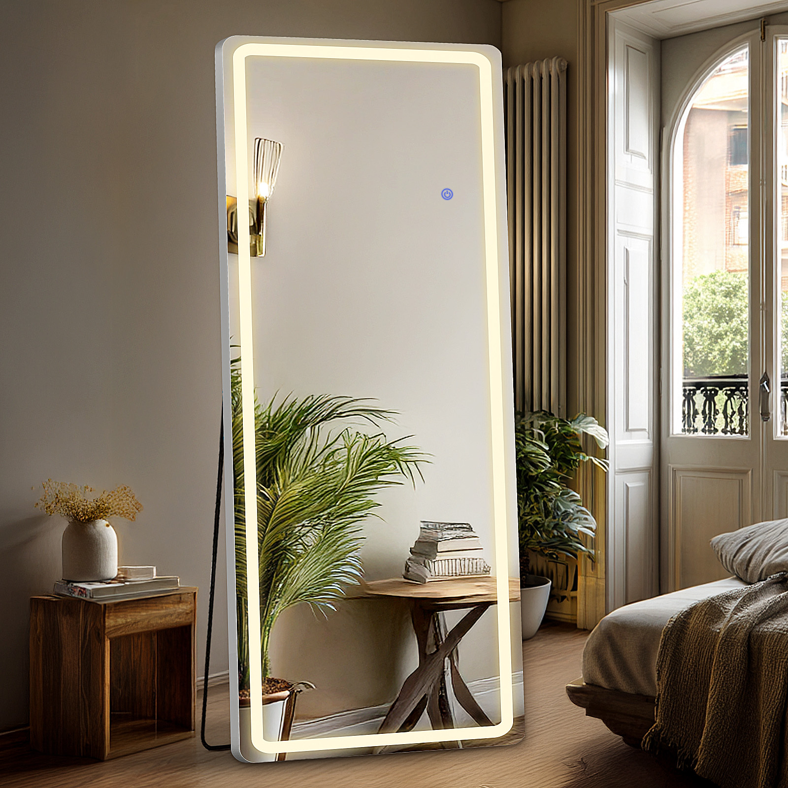 MCQ LED 64"x21" مرآة بطول كامل واقفة أو معلق أو مائلة على الحائط زجاج مقاوم للكسر إطار من سبيكة الألومنيوم رقيق للمنزل غرفة المعيشة