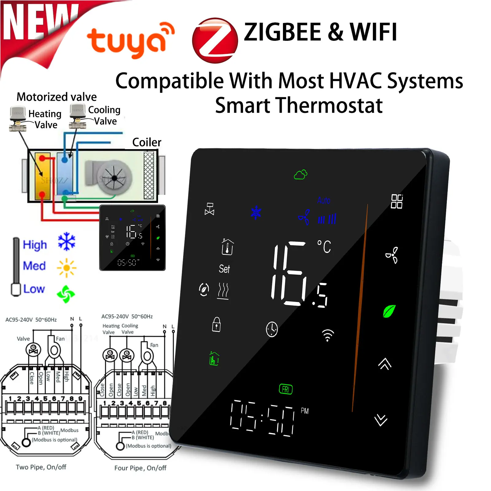 تحكم درجة الحرارة الذكي Tuya ZigBee مع شاشة عرض رقمية لمشغل HVAC Thermostat ثلاث سرعات للتبريد والتدفئة لتحكم في تكييف الهواء ويدعم Alexa و Google Home و