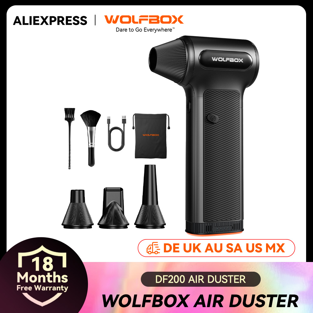 مروحة كهربائية قوية لاسلكية WOLFBOX DF200، منفاخ هواء محمول بثلاث سرعات قابلة للتعديل للسيارة/المنزل/الاستخدام الخارجي