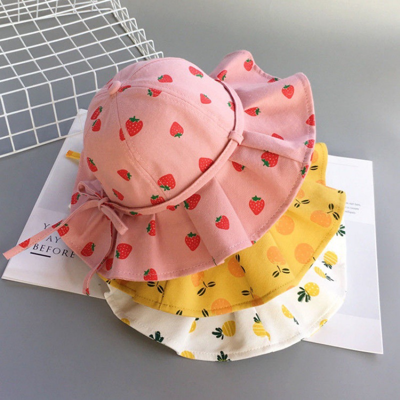 الحلو الطفل الصيف قبعة للفتيات القطن الفاكهة طباعة الاطفال دلو القبعات Bowknot الأميرة الأطفال قبعة الشمس الشاطئ السفر 1-3Y